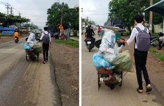 Nam sinh giúp cụ ông đẩy xe phế liệu lên dốc nhận 'mưa' lời khen từ dân mạng
