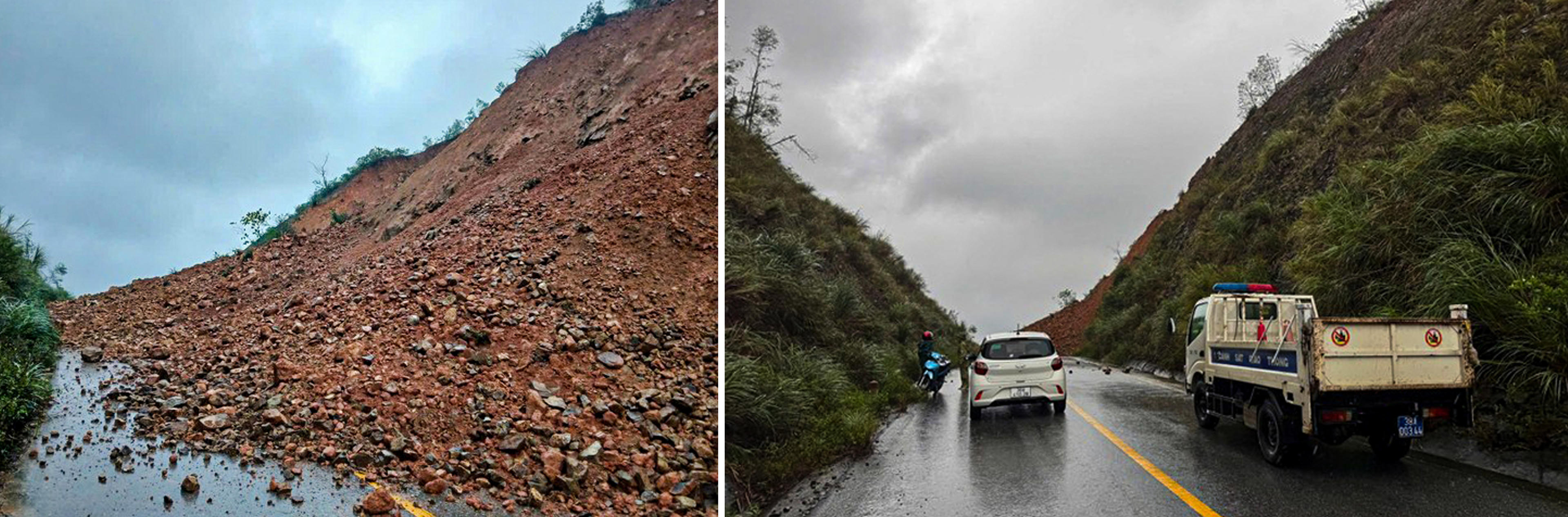 Tại tuyến đường nối từ cao tốc Bắc – Nam xuống Quốc lộ 1, đoạn qua xã Kỳ Anh, mưa lớn cũng khiến hàng trăm khối đất đá trên taluy dương bị sạt lở, chắn ngang mặt đường. Lực lượng Công an xã Kỳ Anh cùng Phòng CSGT Công an tỉnh đã kịp thời có mặt, tổ chức phân luồng, đặt biển cảnh báo và tạm thời phong tỏa khu vực nhằm đảm bảo an toàn. Ảnh: Cẩm Kỳ