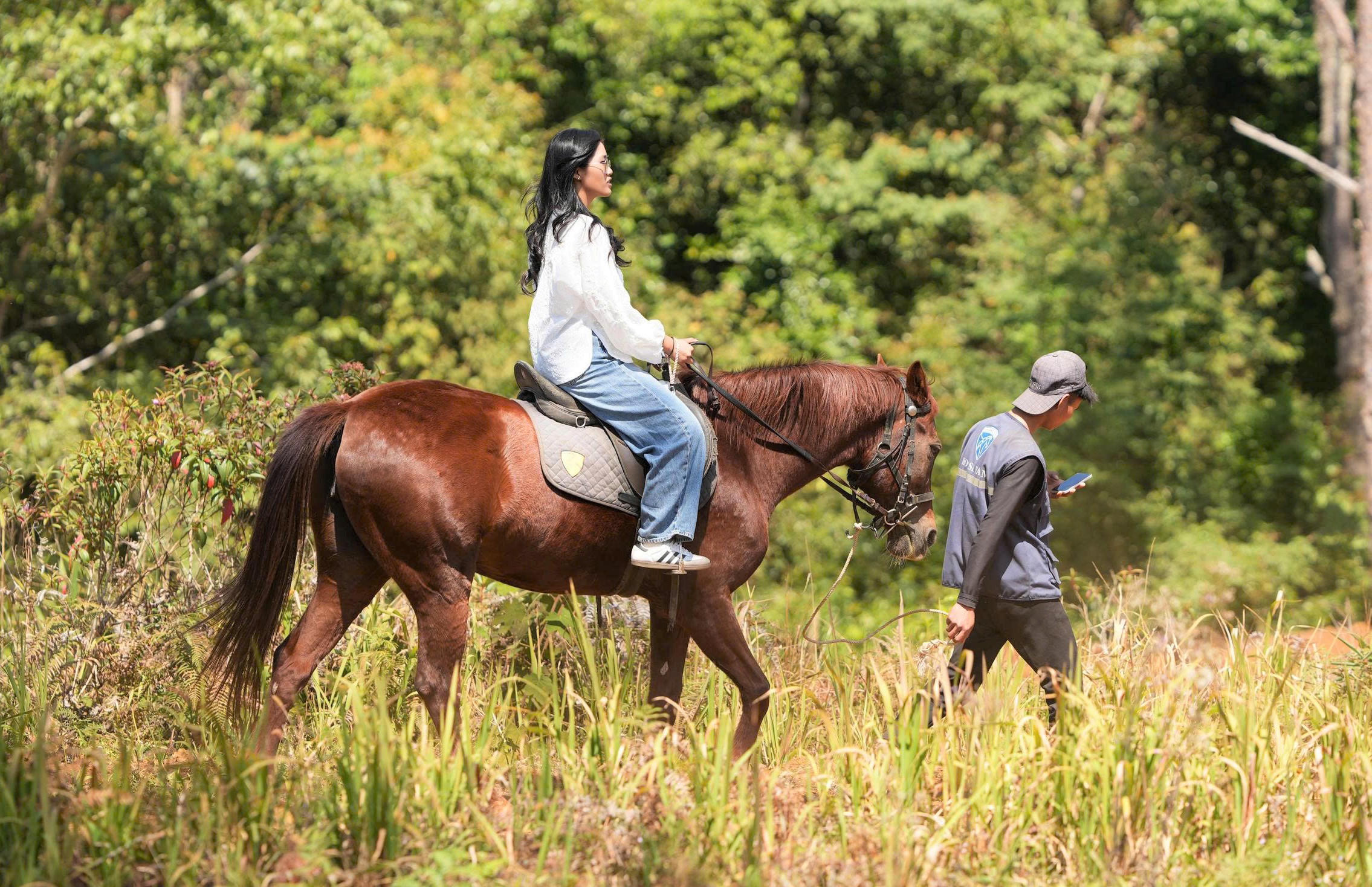Những cô gái cưỡi ngựa trong khu rừng già Măng Đen. Ảnh: CV.