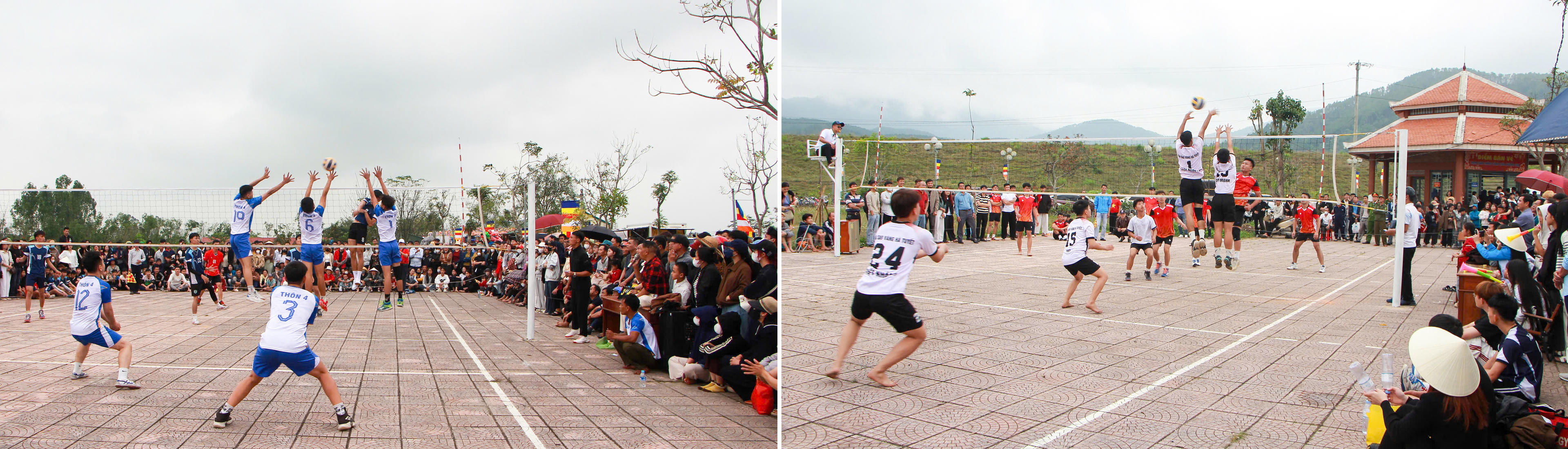 Các đội bóng chuyền nam thanh niên thi đấu sôi nổi trong khuôn khổ phần hội tại chùa Hương Tích, thu hút đông đảo người dân và du khách cổ vũ.